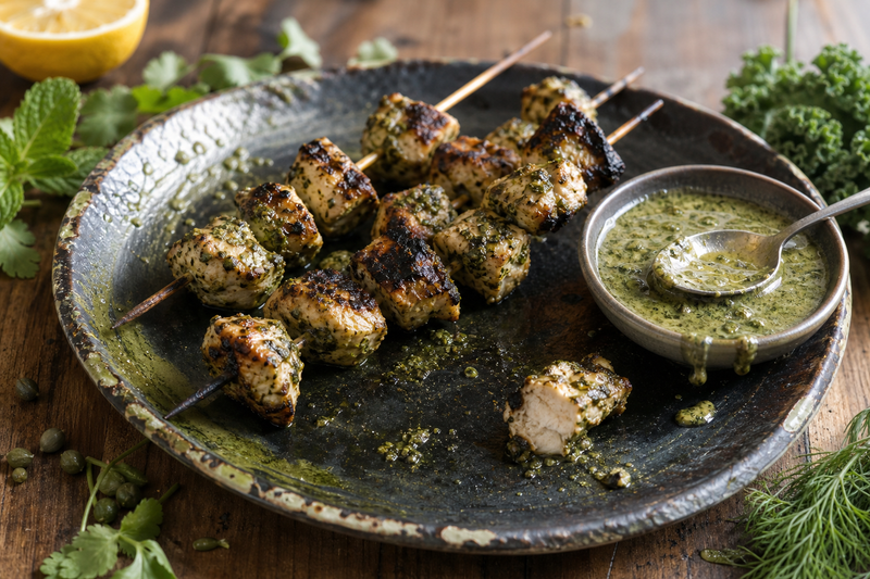Herbed Chicken Skewers with Kale-Caper Sauce