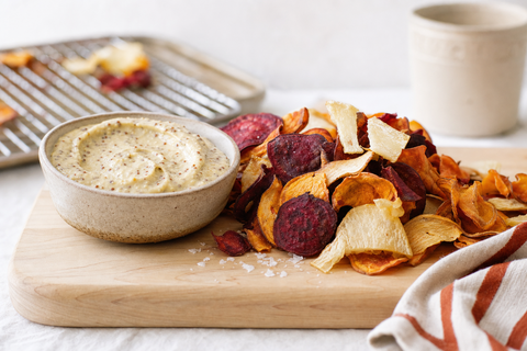 Tri-Root Chips with Creamy Mustard Parmesan Dip